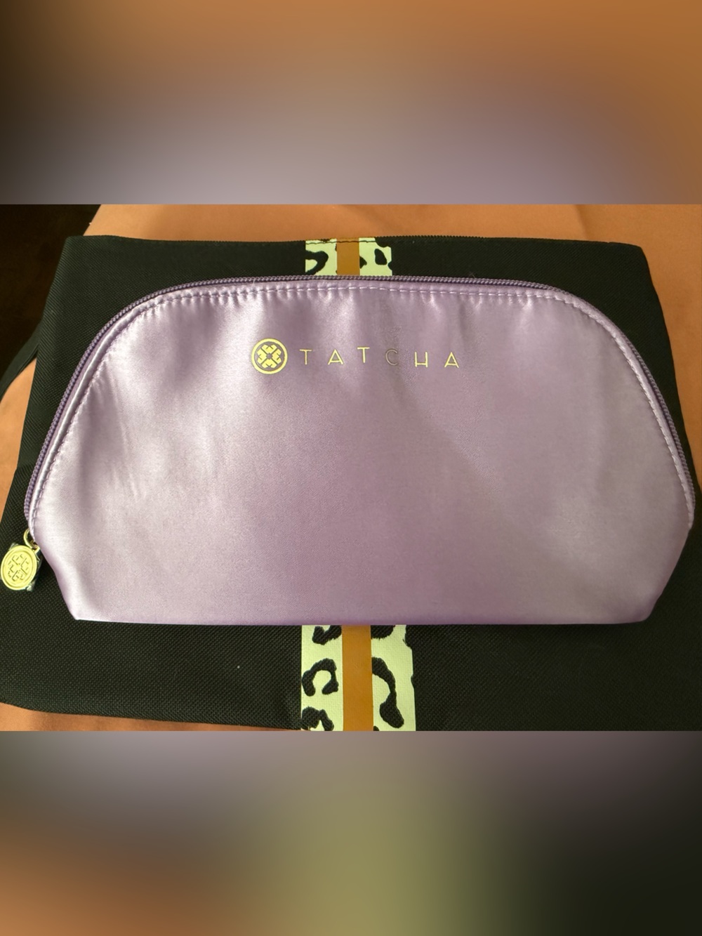 Tatcha Lavender Satin Cosmetic Pouch with Gold Logo